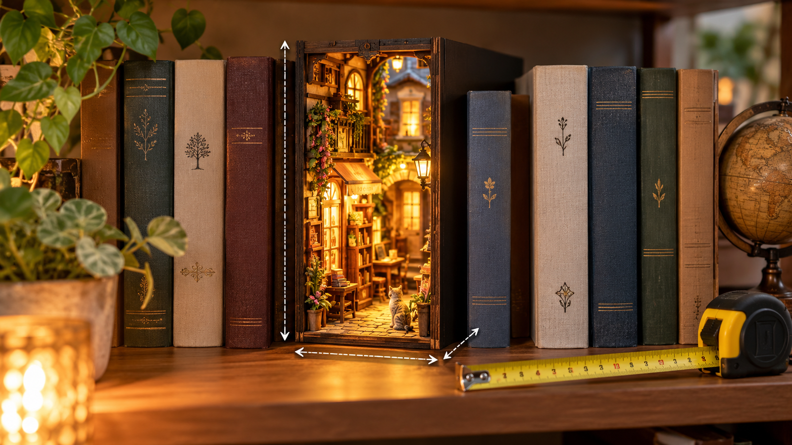 Concept illustration of a glowing miniature bookshop between books, with a tape measure and arrows indicating height, width and depth.