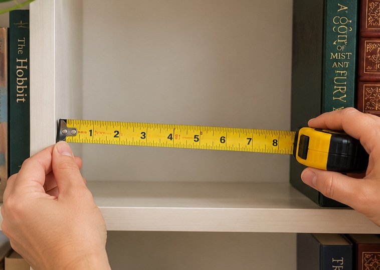 Two hands holding a tape measure across the clear opening of a bookshelf beside a row of books.