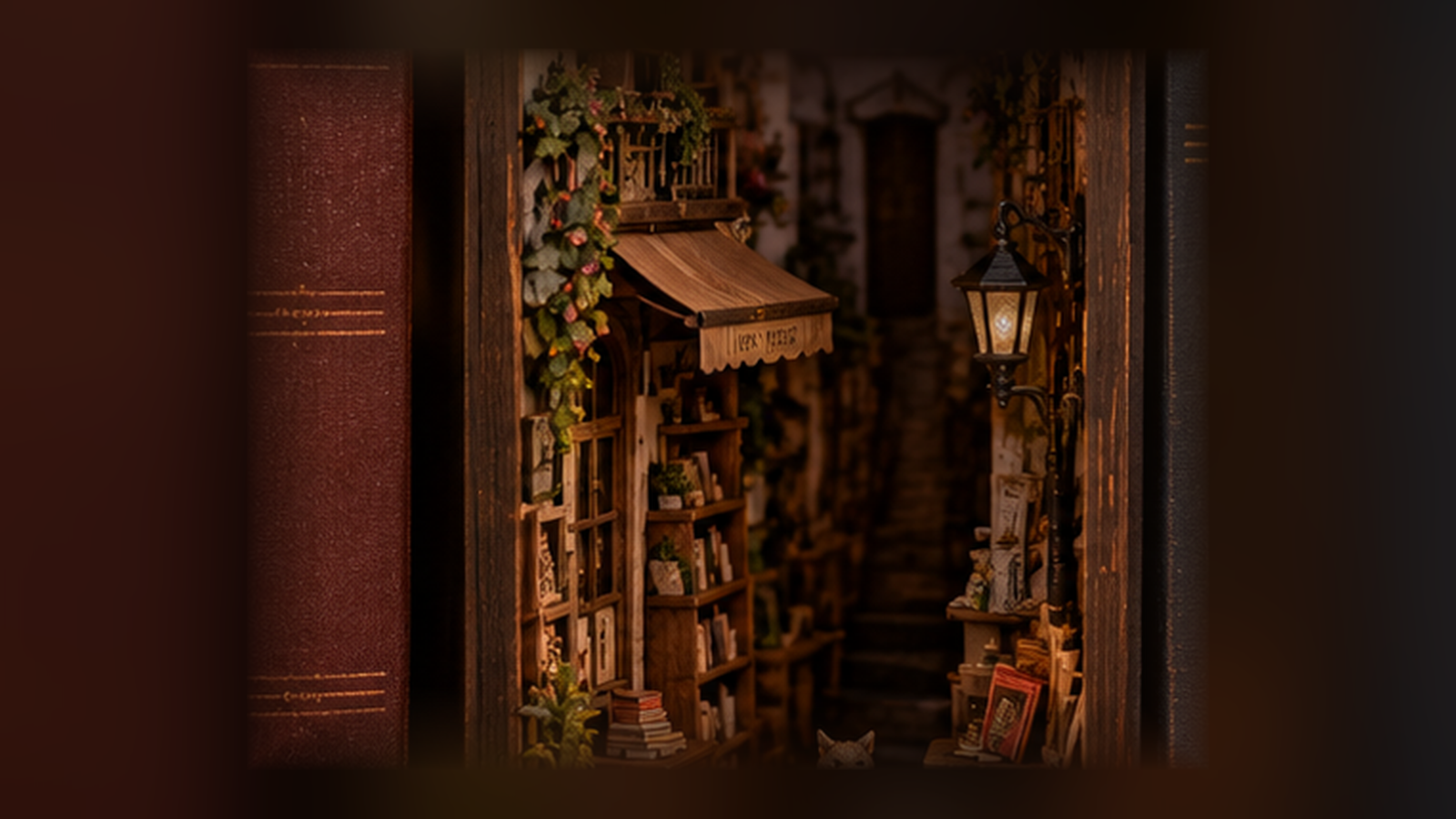 Concept illustration of a dim, unlit miniature bookshop nestled between books.