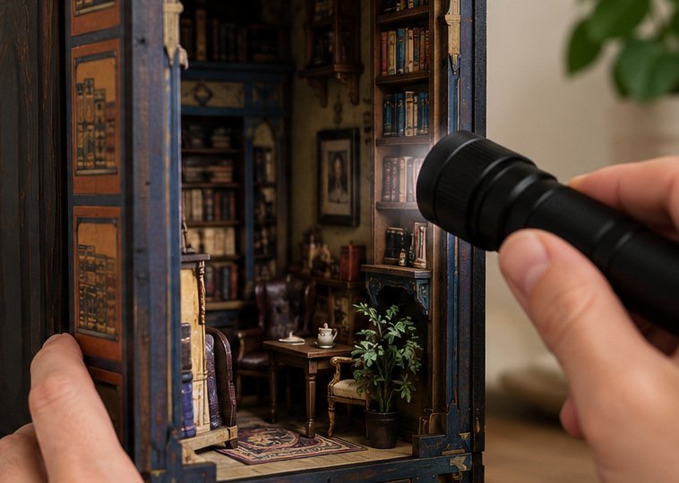 A person shines a flashlight into the front opening of an unlit miniature book nook, without opening its electronics.